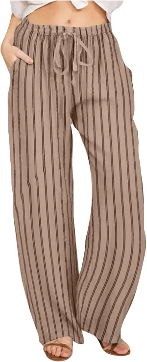 2025 Women Striped Wide Leg Pant Casual Drawstring Waist Pant Baggy Contrast Lounge Sleepwear Straight Leg Trouser