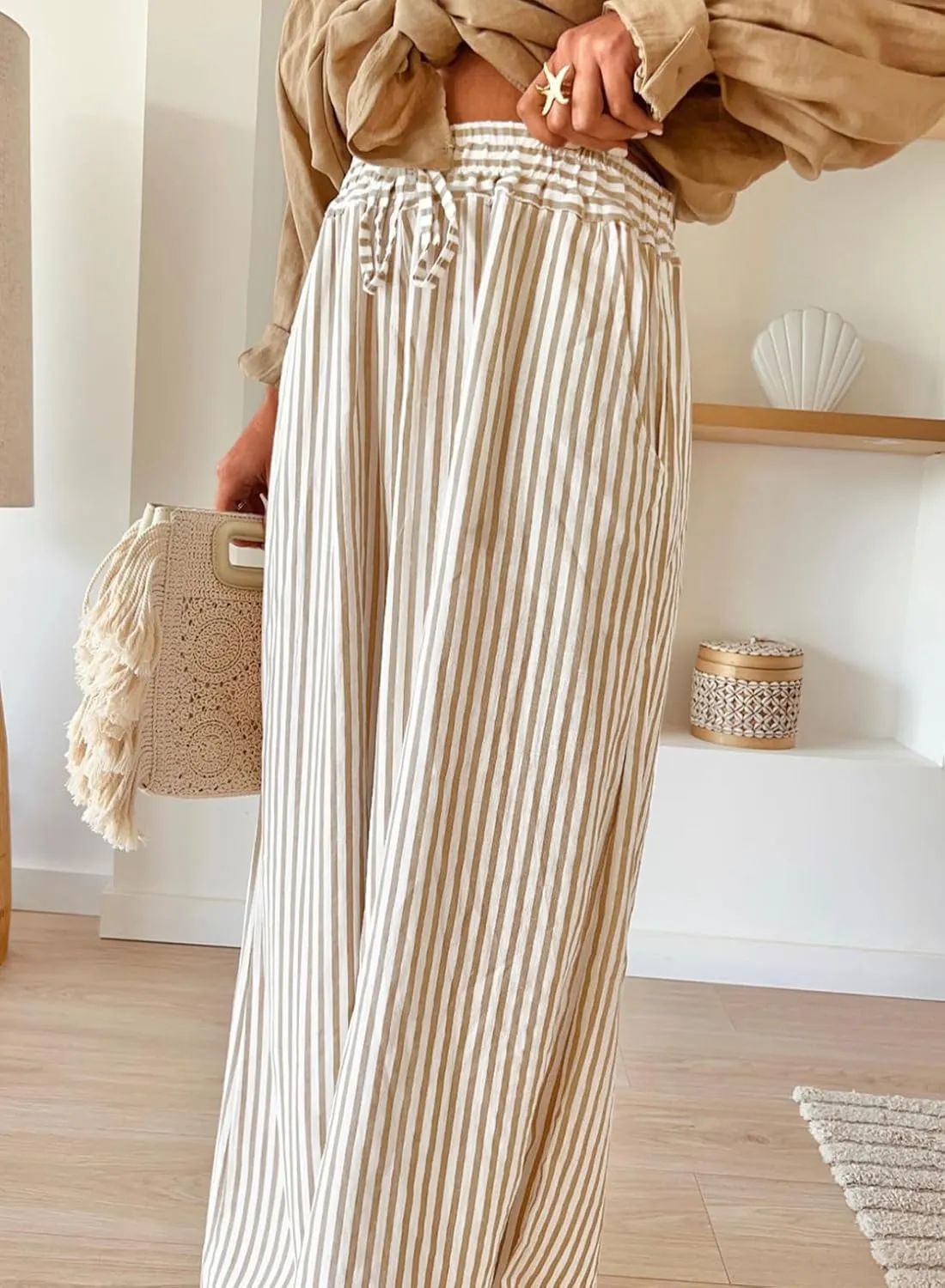 Acelitt Women Casual Drawstring Elastic Waist Striped Wide Leg Pants with Pockets, S-XXL