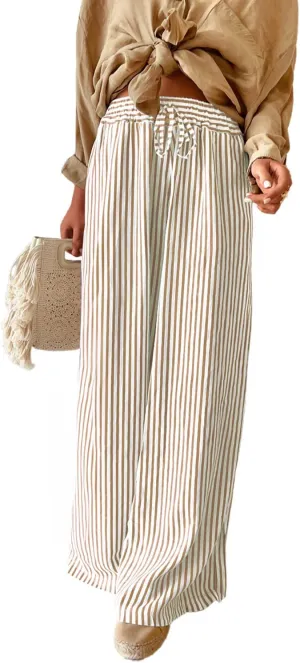 Acelitt Women Casual Drawstring Elastic Waist Striped Wide Leg Pants with Pockets, S-XXL