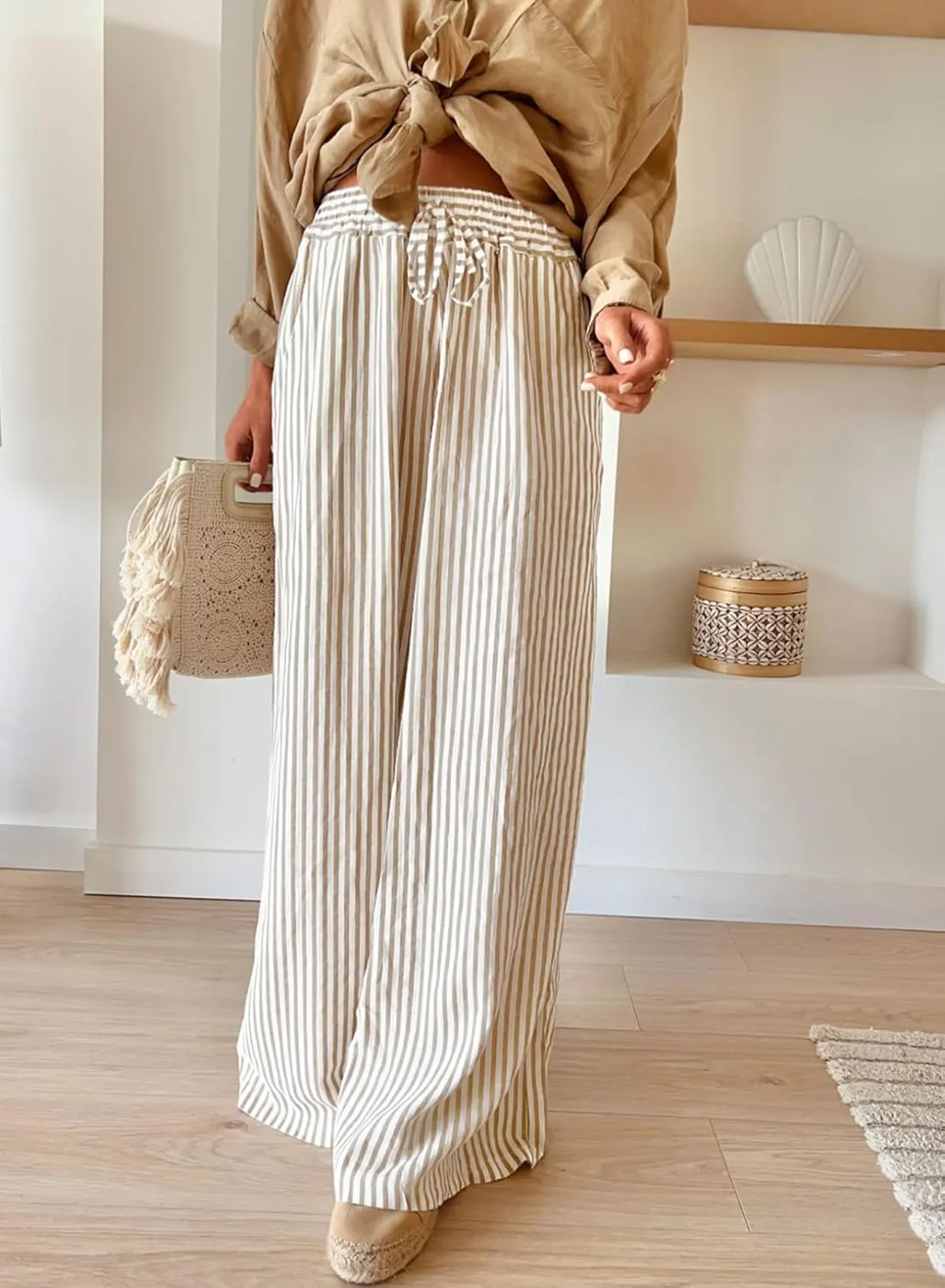 Acelitt Women Casual Drawstring Elastic Waist Striped Wide Leg Pants with Pockets, S-XXL