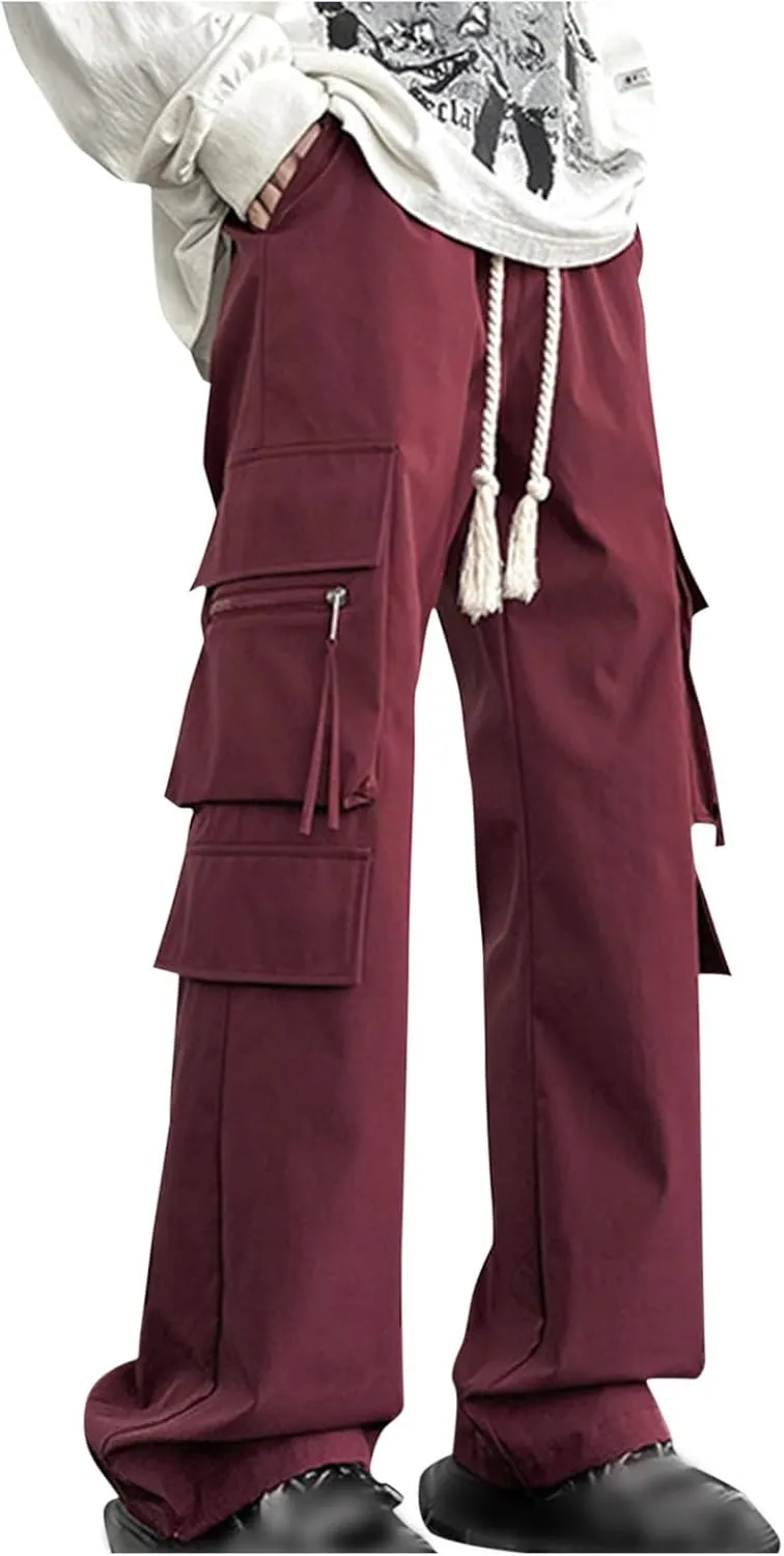 Akklian Men's Elastic Waist Drawstring Loose Outdoor Hiking Pants Fashion Casual Streetwear Cargo Pants with Multi Pockets