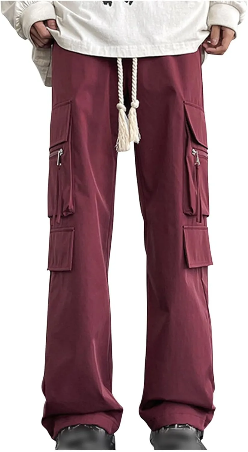 Akklian Men's Elastic Waist Drawstring Loose Outdoor Hiking Pants Fashion Casual Streetwear Cargo Pants with Multi Pockets