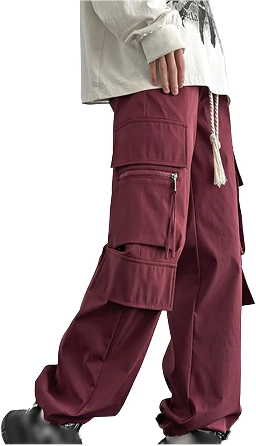Akklian Men's Elastic Waist Drawstring Loose Outdoor Hiking Pants Fashion Casual Streetwear Cargo Pants with Multi Pockets