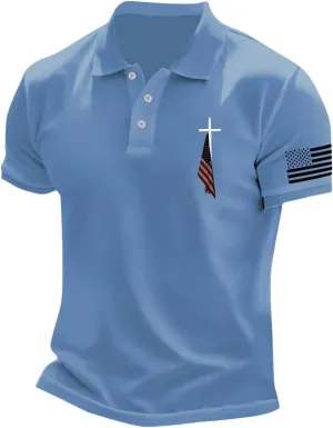 American Flag Polo Shirt for Men 4th of July Patriotic Tee Button Lapel Short Sleeve Top Cross Nail Embroidered Shirt