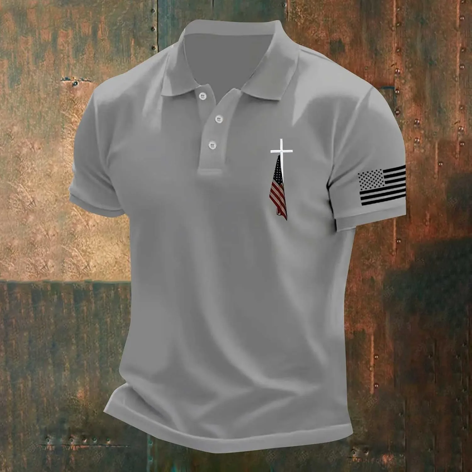 American Flag Polo Shirt for Men 4th of July Patriotic Tee Button Lapel Short Sleeve Top Cross Nail Embroidered Shirt