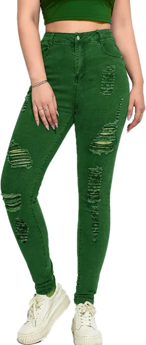 Andongnywell Women Sexy Ripped Hole Skinny Jeans Distressed Trousers High Waisted Slim Fit Stretch Denim Pants