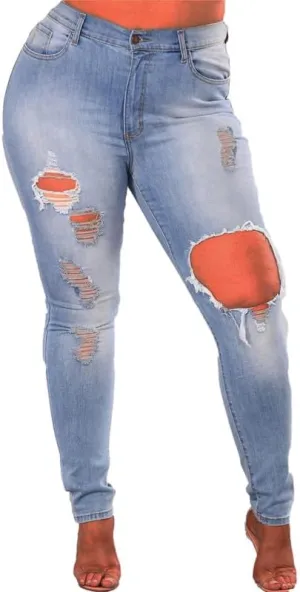 Andongnywell Women's Plus Size Destroyed Ripped Jeans High Waisted Distressed Skinny Jean Juniors Stretch Denim Pants