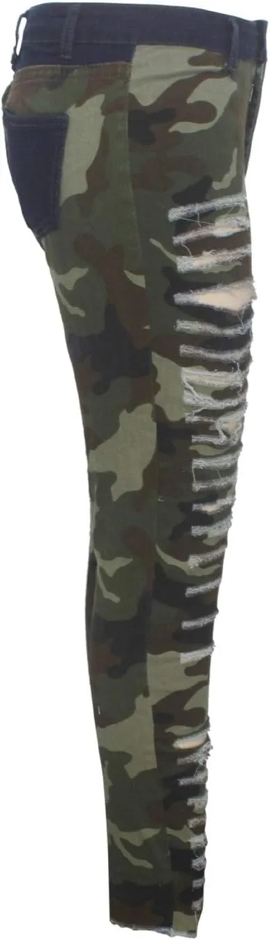 Andongnywell Women's Ripped Camouflage Skinny Denim Jeggings Juniors Distressed Destroyed Jeans High Rise Stretch Pants