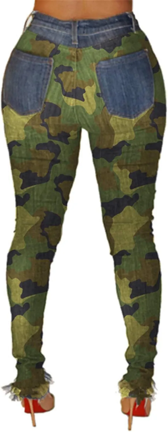 Andongnywell Women's Ripped Camouflage Skinny Denim Jeggings Juniors Distressed Destroyed Jeans High Rise Stretch Pants
