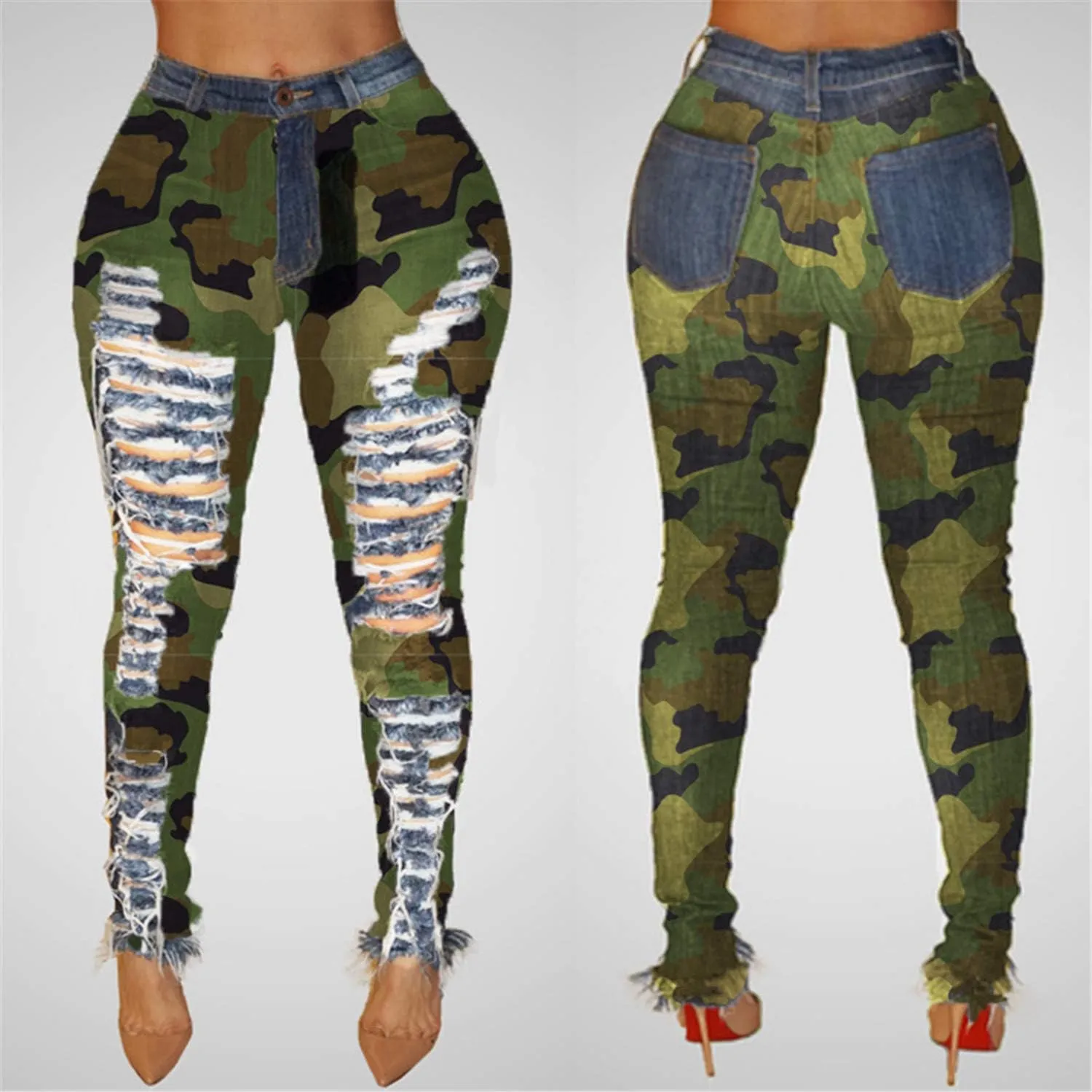 Andongnywell Women's Ripped Camouflage Skinny Denim Jeggings Juniors Distressed Destroyed Jeans High Rise Stretch Pants