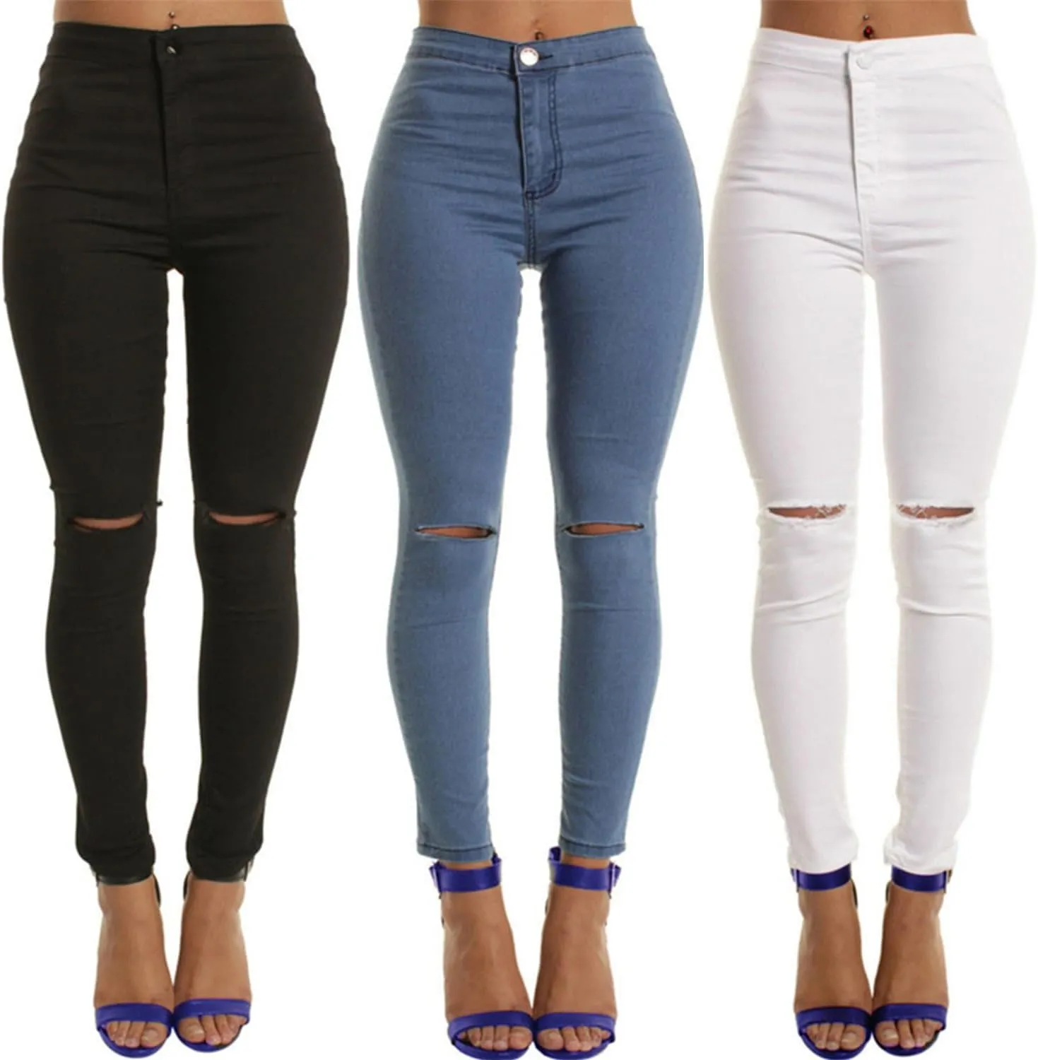 Andongnywell Women's Ripped Knee Stretchy Skinny Pants Distressed Knee-Ripped Denim Pants Classic High Waisted Jegging