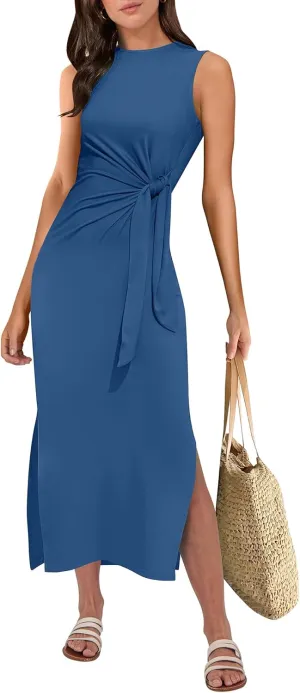 ANRABESS Womens Summer Casual Sleeveless T Shirt Midi Dress Slim Fit Tie Waist Split Tank Long Dresses 2025 Vacation Sundress