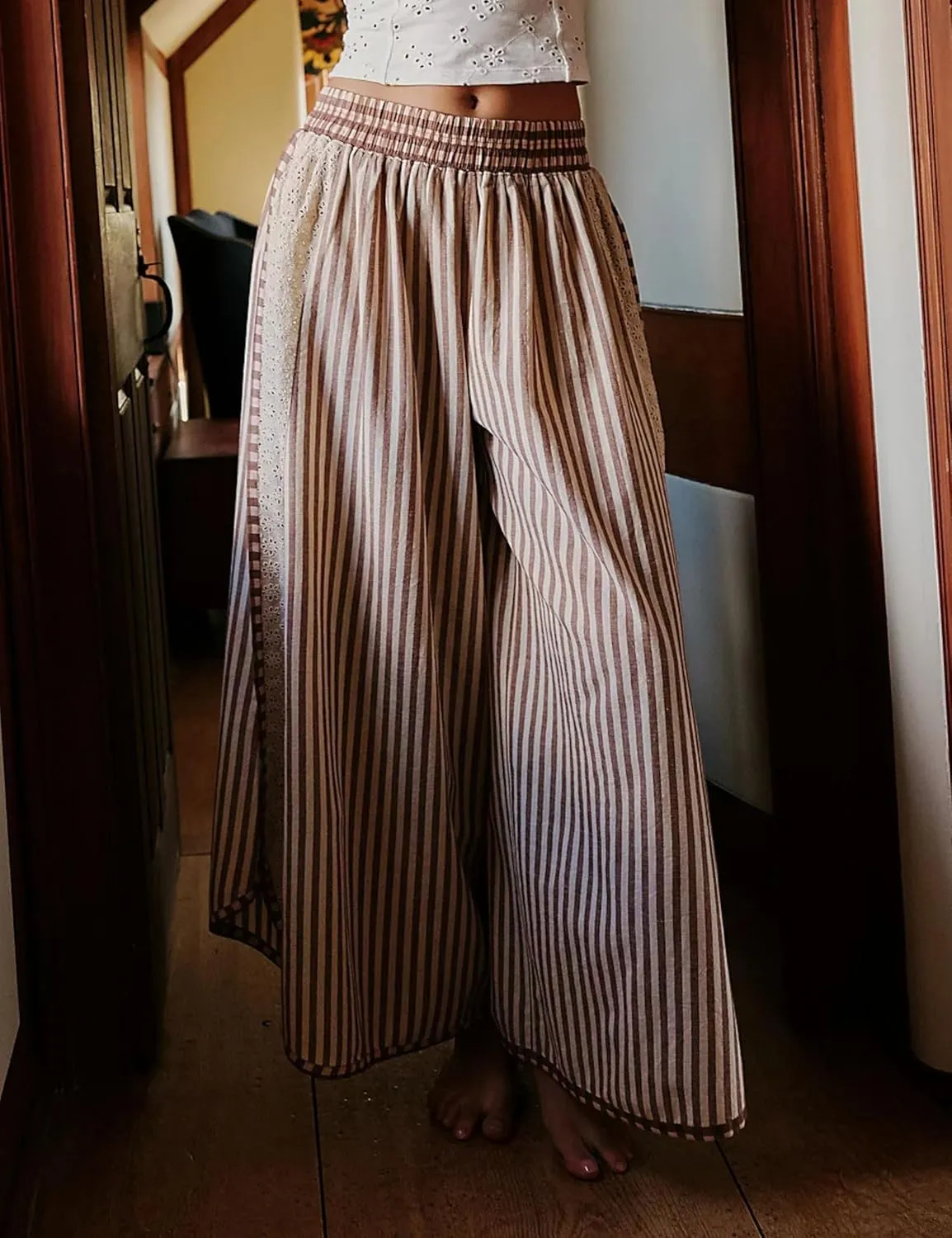Athlisan Womens Summer Casual Loose Striped Wide Leg Lounge Pants Elastic Waist Palazzo Trousers