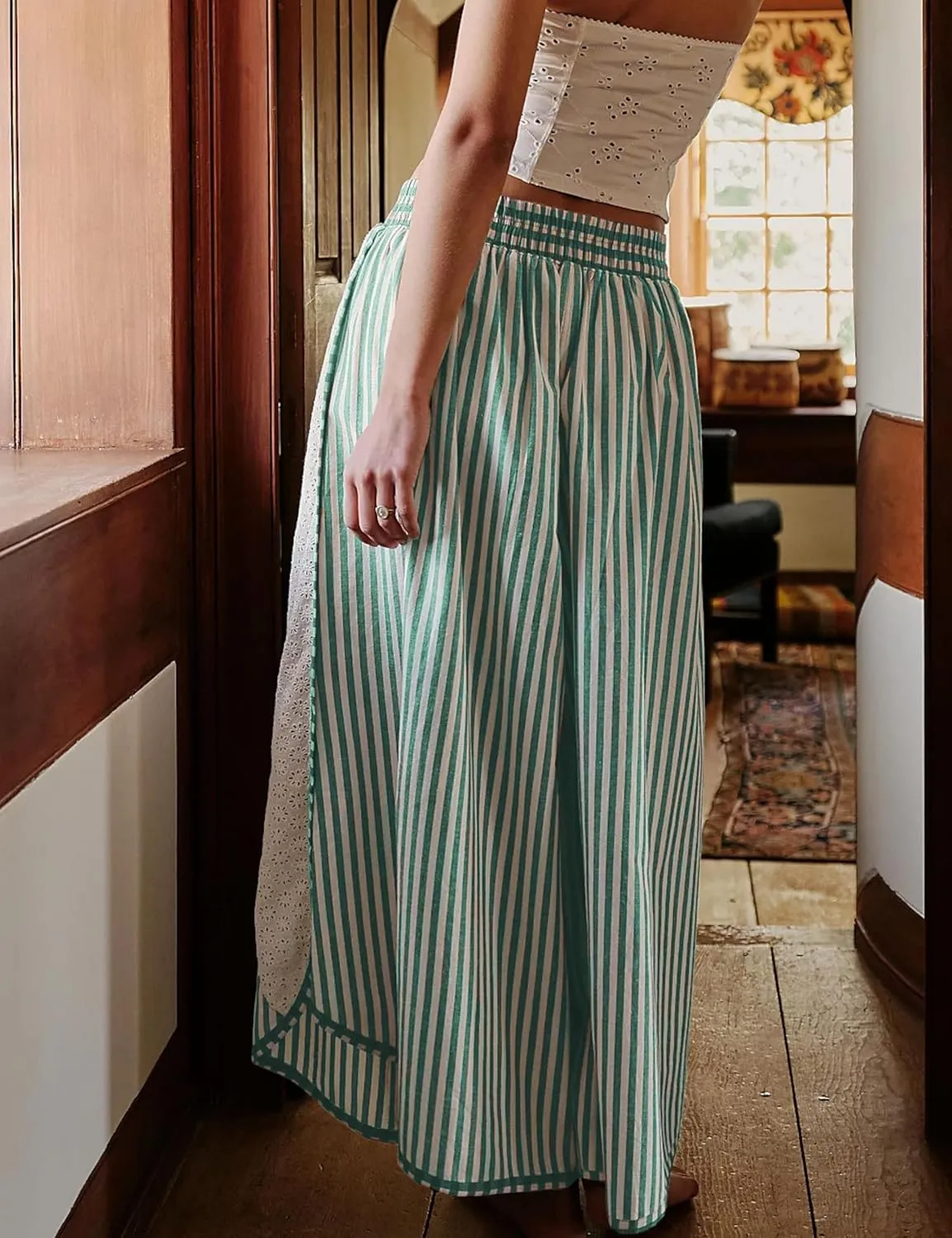 Athlisan Womens Summer Casual Loose Striped Wide Leg Lounge Pants Elastic Waist Palazzo Trousers