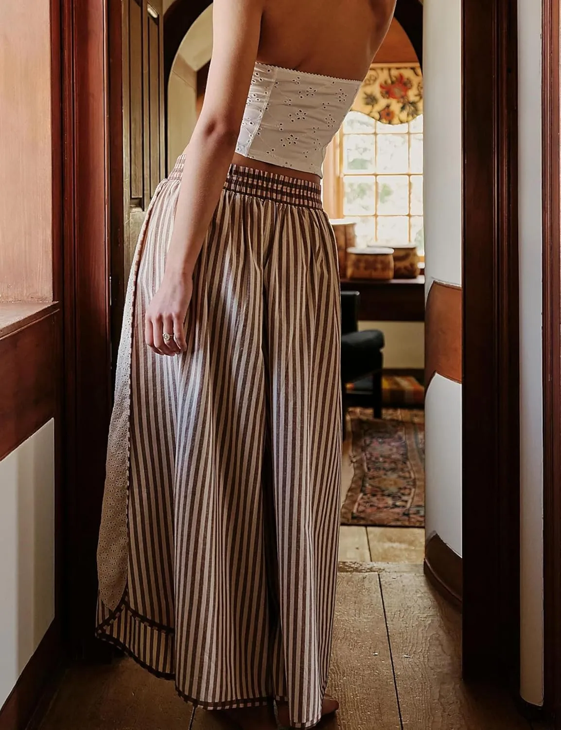 Athlisan Womens Summer Casual Loose Striped Wide Leg Lounge Pants Elastic Waist Palazzo Trousers