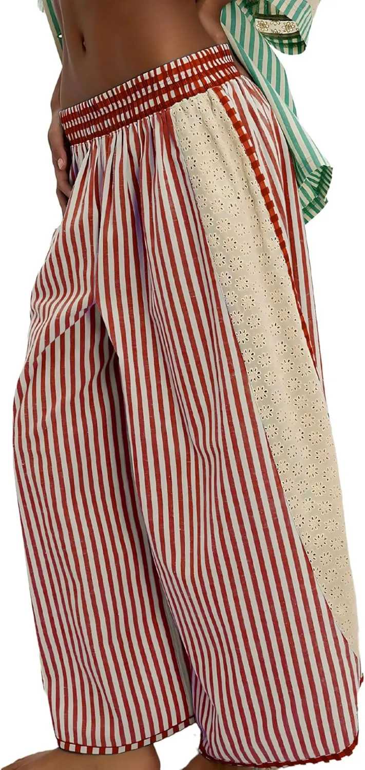 Athlisan Womens Summer Casual Loose Striped Wide Leg Lounge Pants Elastic Waist Palazzo Trousers