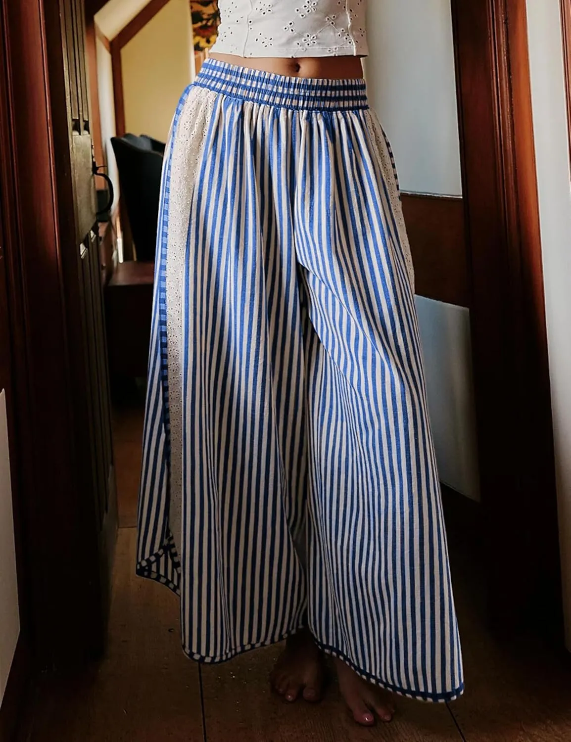 Athlisan Womens Summer Casual Loose Striped Wide Leg Lounge Pants Elastic Waist Palazzo Trousers