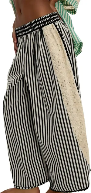 Athlisan Womens Summer Casual Loose Striped Wide Leg Lounge Pants Elastic Waist Palazzo Trousers
