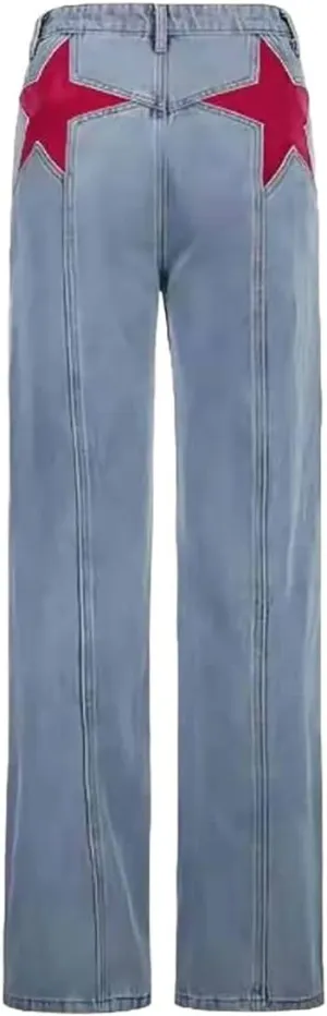 AULKEEP Womens Red Star High Waisted Pants Stretch Wide Leg Jeans Y2K Streetwear Patchwork Denim Trousers