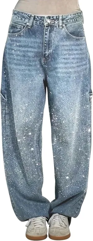 Barrel Jeans for Women Mid Rise Jeans Wide Leg Loose Fit Y2K Boyfriend Baggy Pants Cropped Denim Pants with Pockets