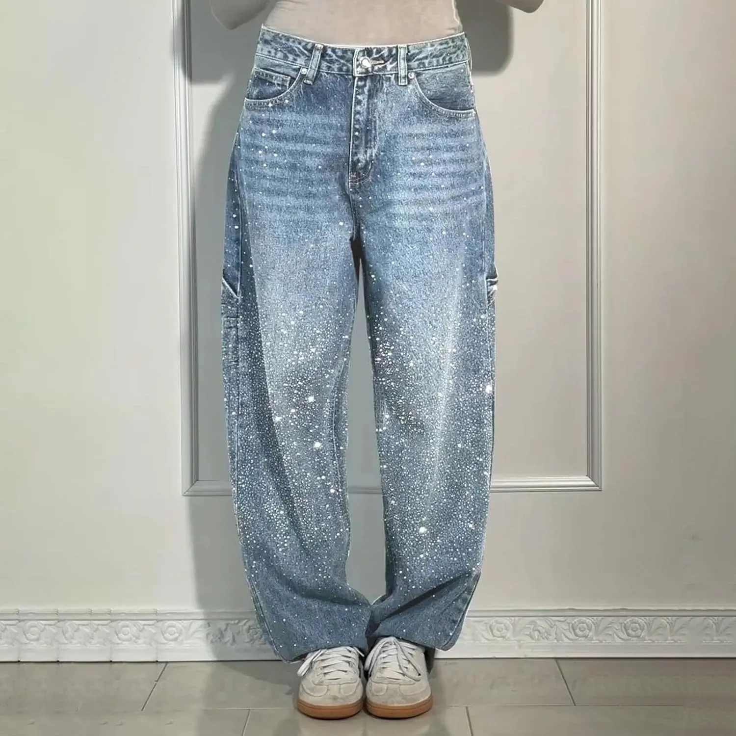 Barrel Jeans for Women Mid Rise Jeans Wide Leg Loose Fit Y2K Boyfriend Baggy Pants Cropped Denim Pants with Pockets