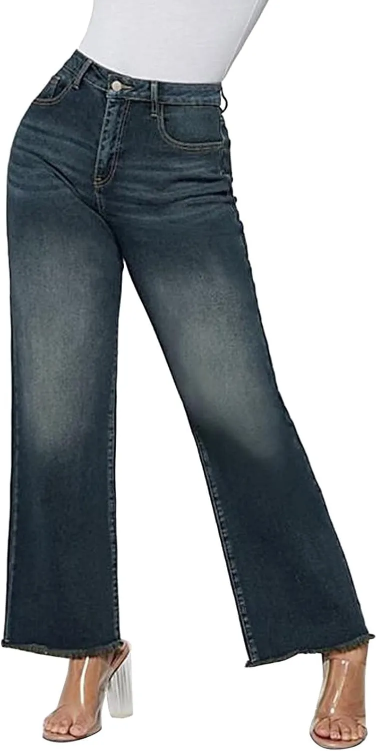 Bidobibo Jeans for Women High Waist Plus Size Straight Leg Pants Casual Stretch Jeans Tummy Control Flare Denim Pants 2024