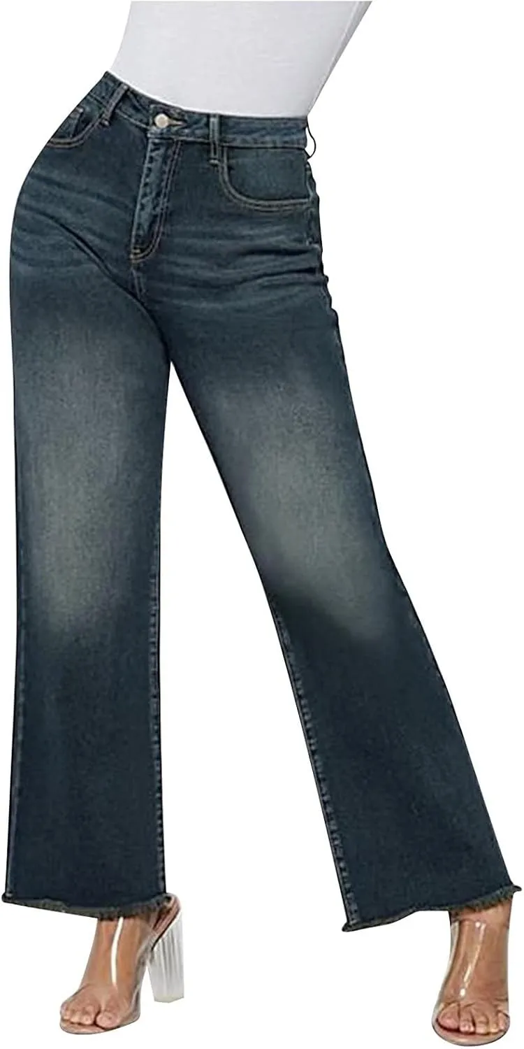 Bidobibo Jeans for Women High Waist Plus Size Straight Leg Pants Casual Stretch Jeans Tummy Control Flare Denim Pants 2024