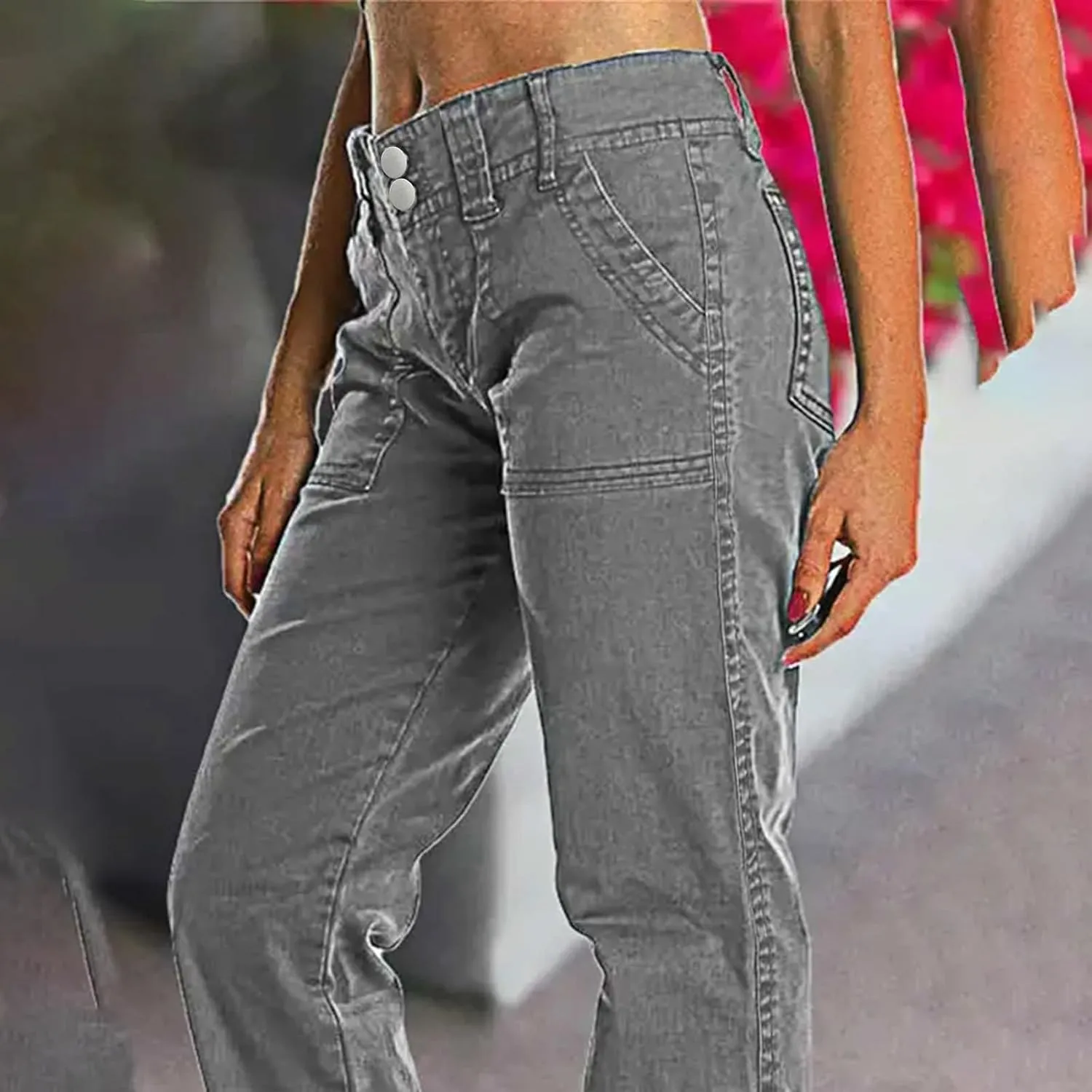 Binmer Women's Casual Mid Waist Cargo Jeans Fashion Stretch Wide Leg Denim Pants with Pockets Flare Bellbottom Trousers 2025