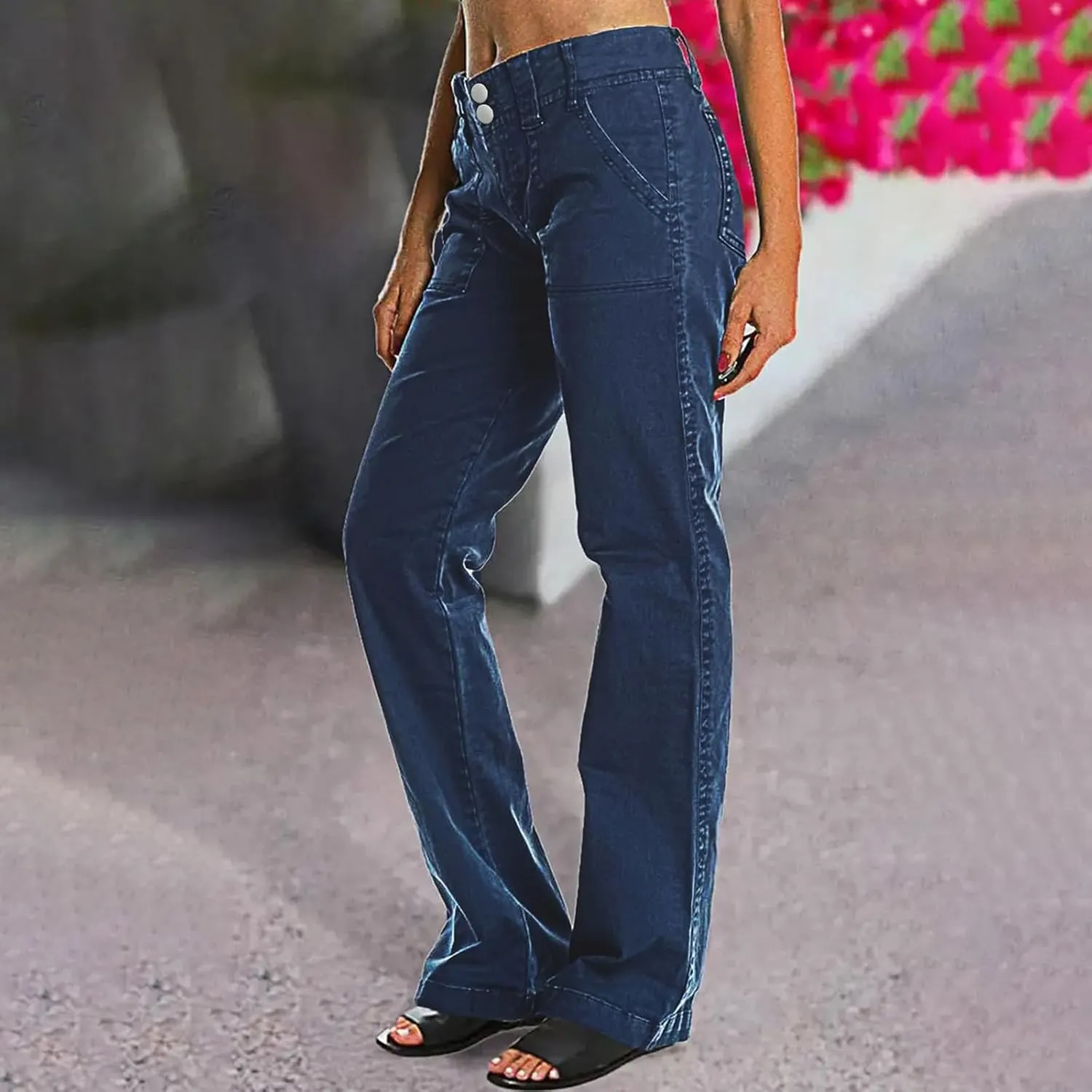 Binmer Women's Casual Mid Waist Cargo Jeans Fashion Stretch Wide Leg Denim Pants with Pockets Flare Bellbottom Trousers 2025