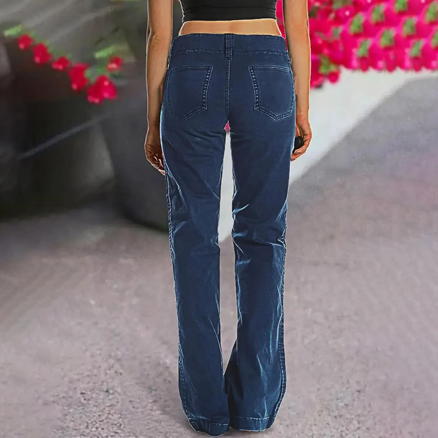 Binmer Women's Casual Mid Waist Cargo Jeans Fashion Stretch Wide Leg Denim Pants with Pockets Flare Bellbottom Trousers 2025