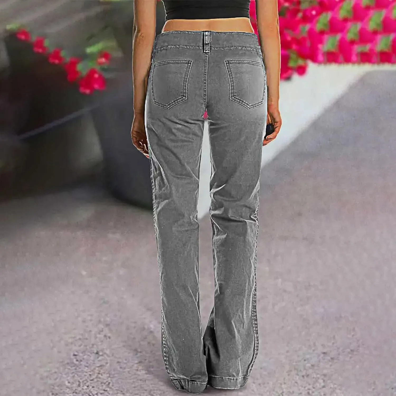 Binmer Women's Casual Mid Waist Cargo Jeans Fashion Stretch Wide Leg Denim Pants with Pockets Flare Bellbottom Trousers 2025