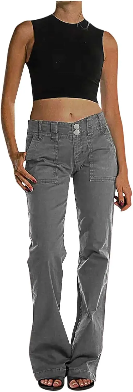 Binmer Women's Casual Mid Waist Cargo Jeans Fashion Stretch Wide Leg Denim Pants with Pockets Flare Bellbottom Trousers 2025