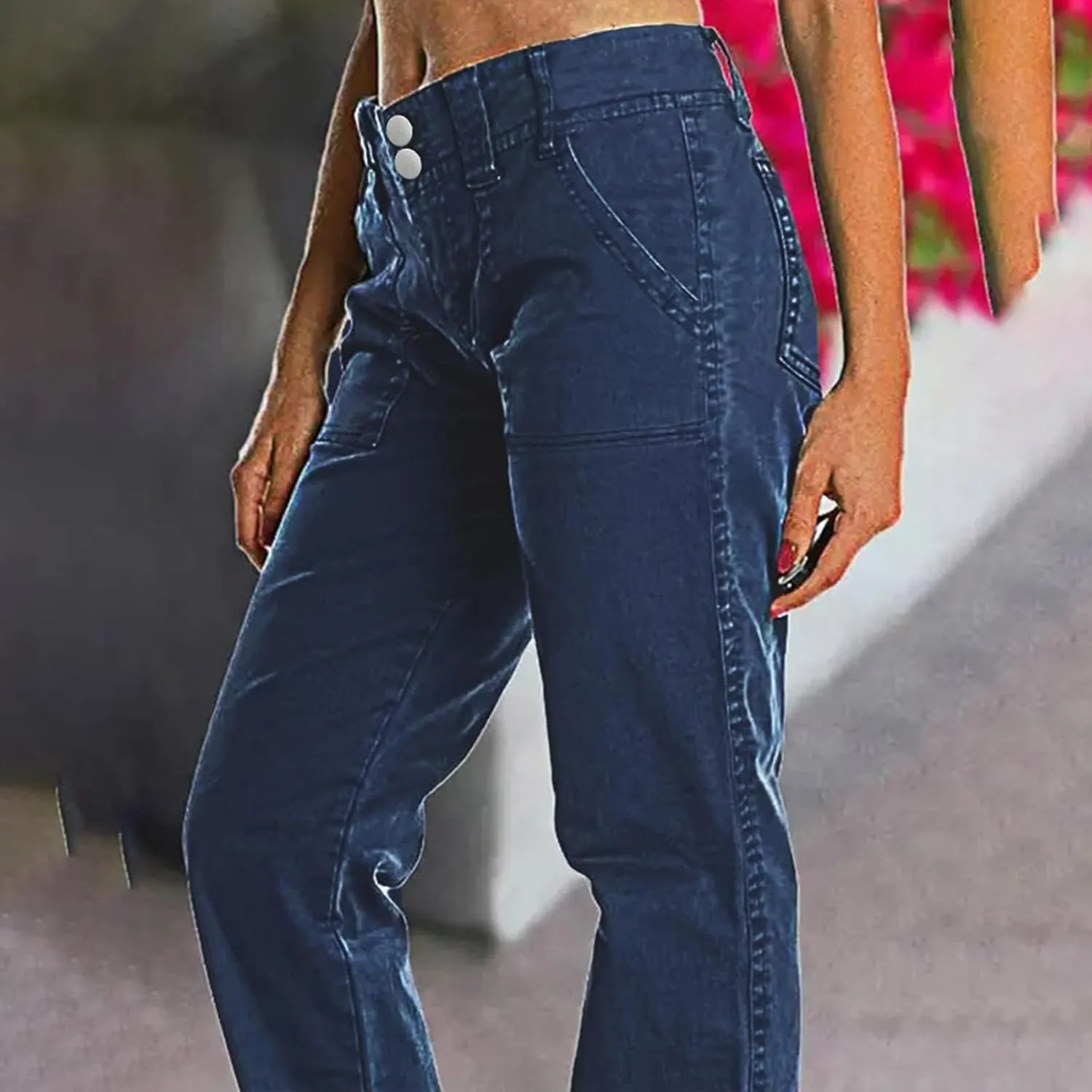 Binmer Women's Casual Mid Waist Cargo Jeans Fashion Stretch Wide Leg Denim Pants with Pockets Flare Bellbottom Trousers 2025