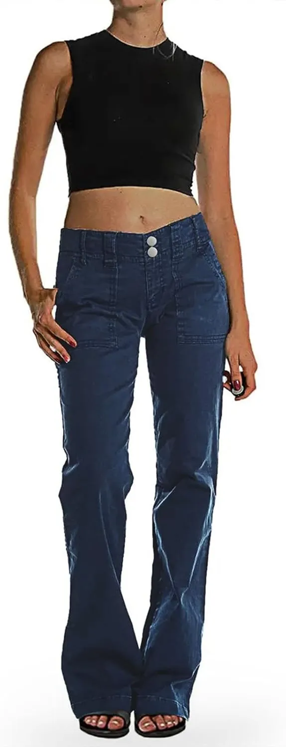 Binmer Women's Casual Mid Waist Cargo Jeans Fashion Stretch Wide Leg Denim Pants with Pockets Flare Bellbottom Trousers 2025