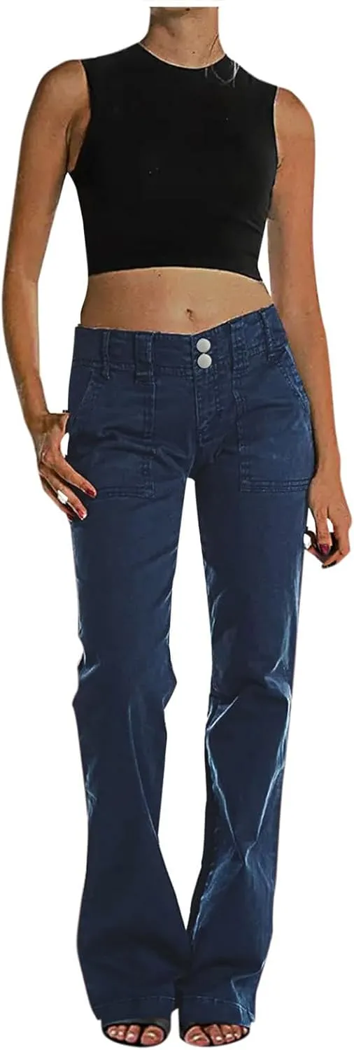 Binmer Women's Casual Mid Waist Cargo Jeans Fashion Stretch Wide Leg Denim Pants with Pockets Flare Bellbottom Trousers 2025