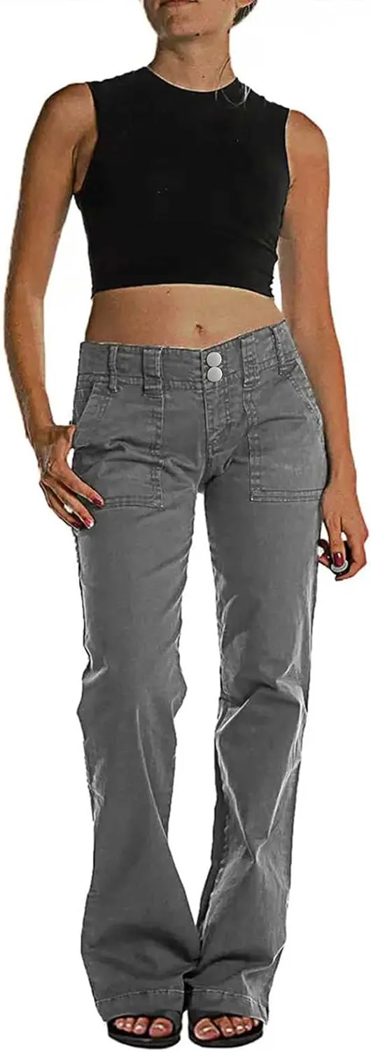 Binmer Women's Casual Mid Waist Cargo Jeans Fashion Stretch Wide Leg Denim Pants with Pockets Flare Bellbottom Trousers 2025