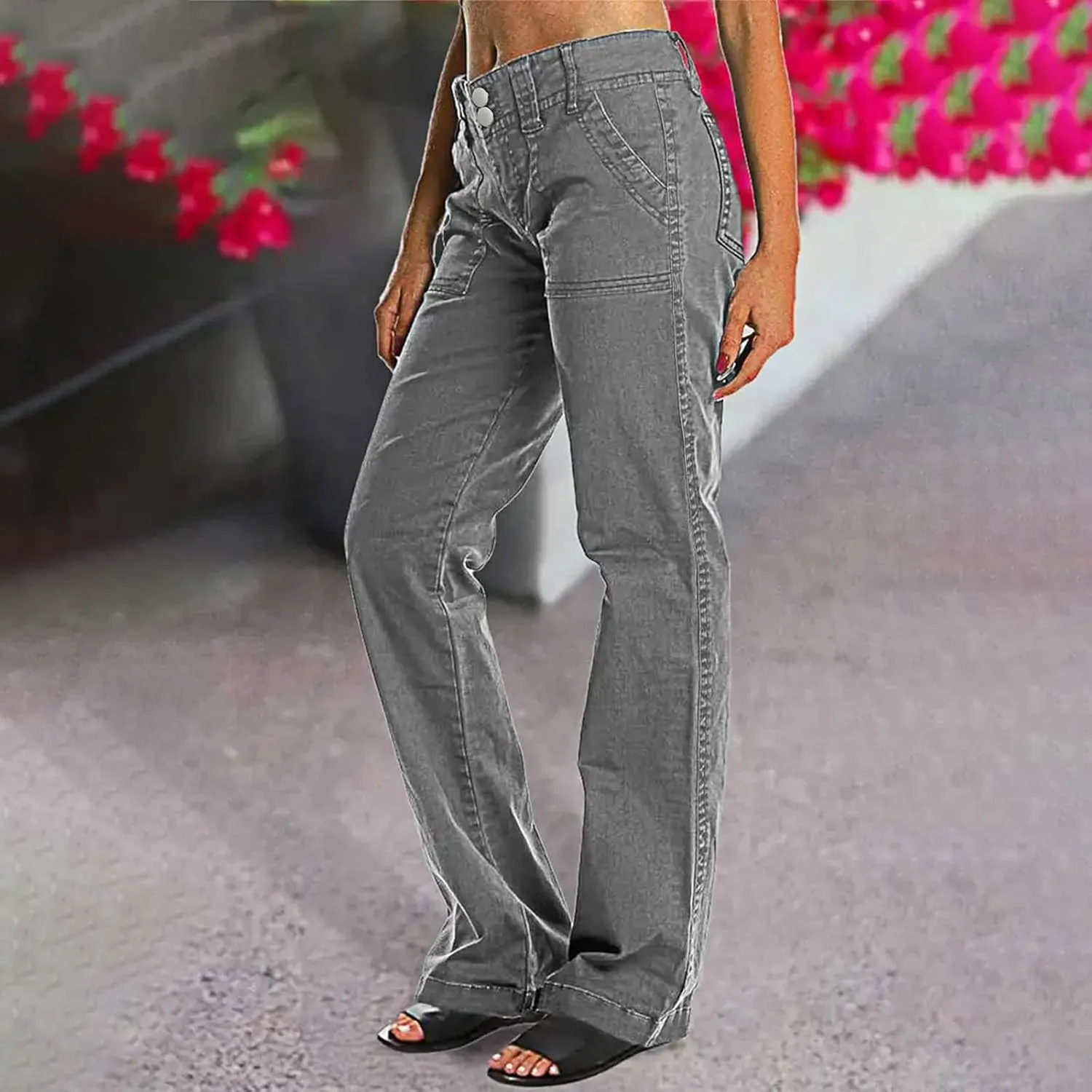 Binmer Women's Casual Mid Waist Cargo Jeans Fashion Stretch Wide Leg Denim Pants with Pockets Flare Bellbottom Trousers 2025
