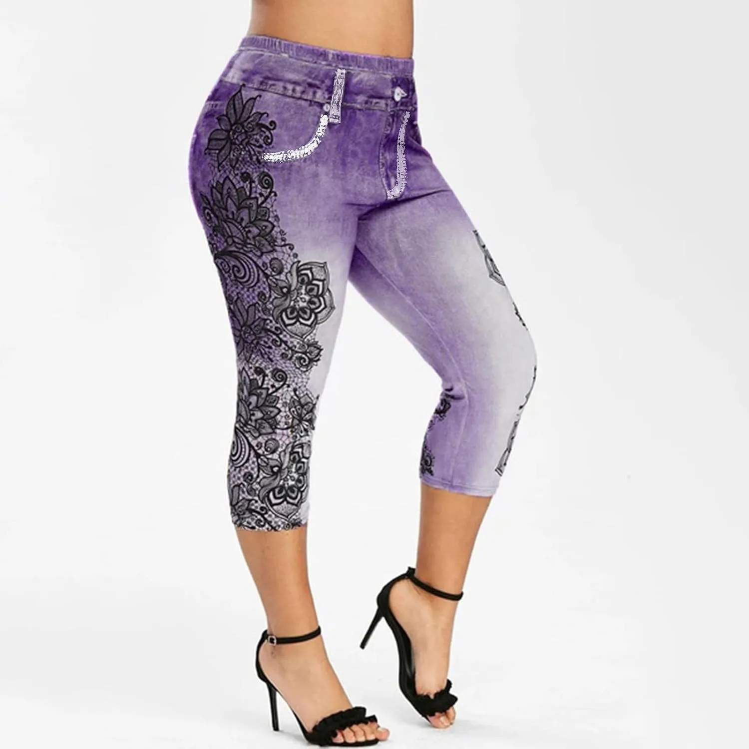 Binmer Women's Faux Denim Cropped Legging Plus Size High Waisted Yoga Pants Capri Jeggings Short Tights Stretch Denim Jeans