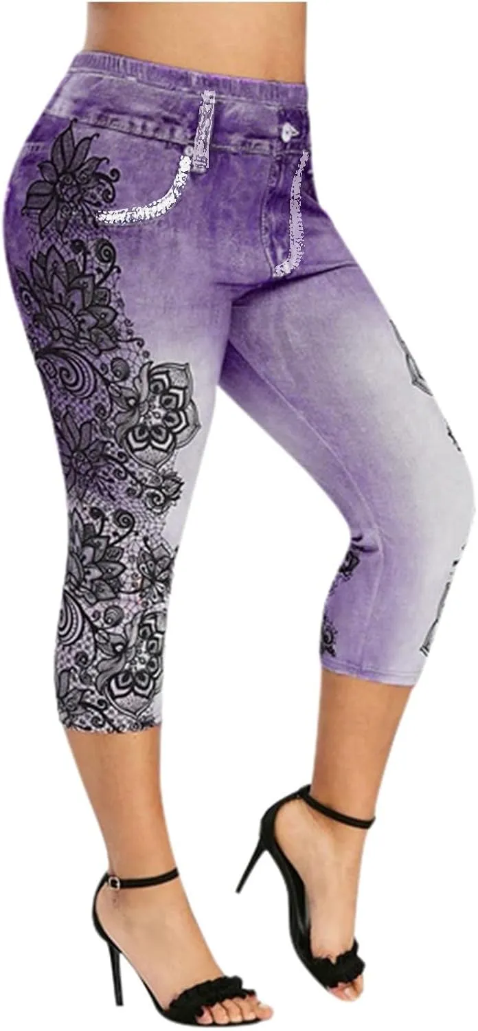 Binmer Women's Faux Denim Cropped Legging Plus Size High Waisted Yoga Pants Capri Jeggings Short Tights Stretch Denim Jeans