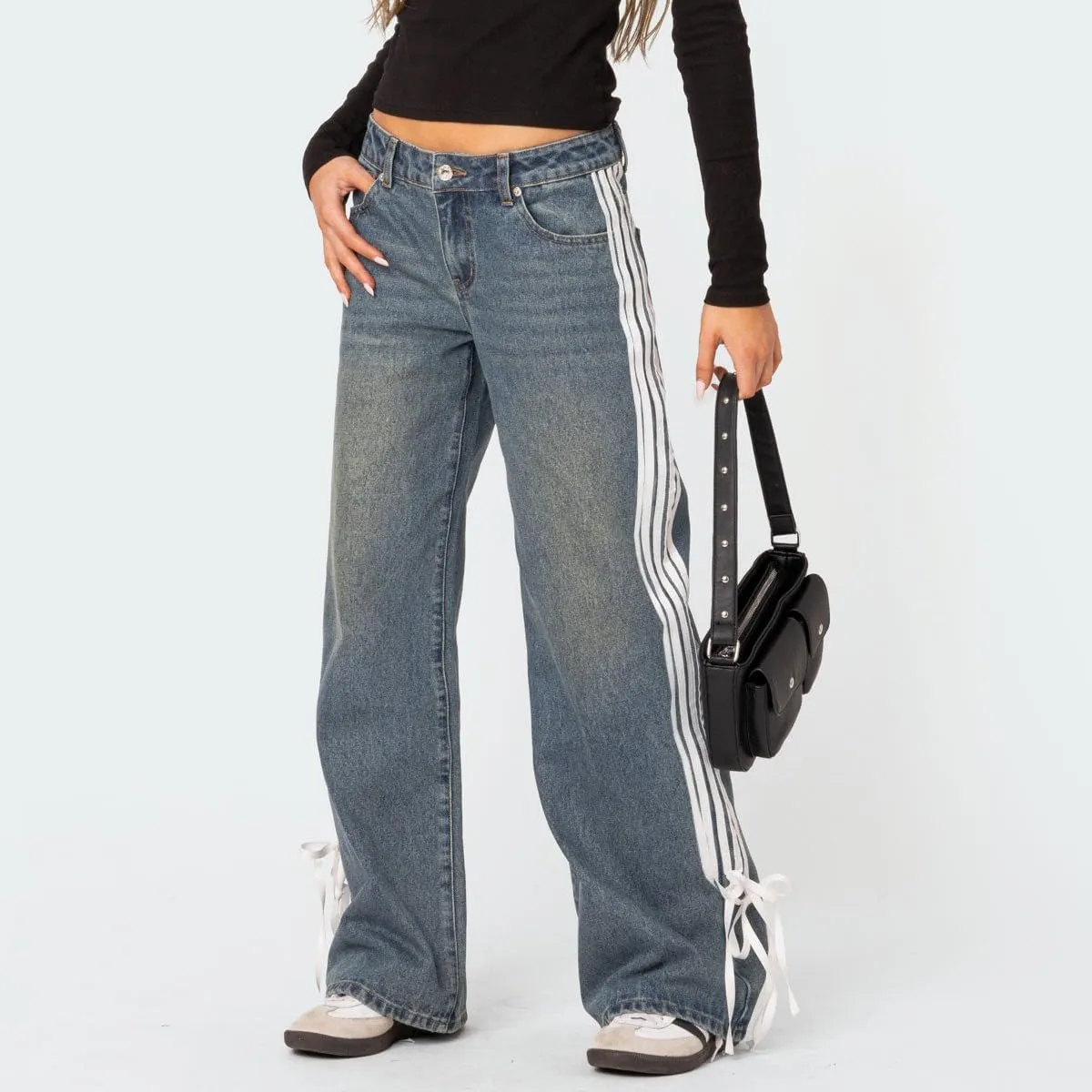 Boyfriend Jeans for Women Y2K Fashion Striped High Waist Wide Leg Denim Pants Casual Vintage Baggy Streetwear Jeans