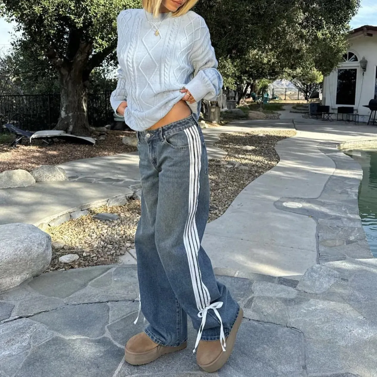 Boyfriend Jeans for Women Y2K Fashion Striped High Waist Wide Leg Denim Pants Casual Vintage Baggy Streetwear Jeans