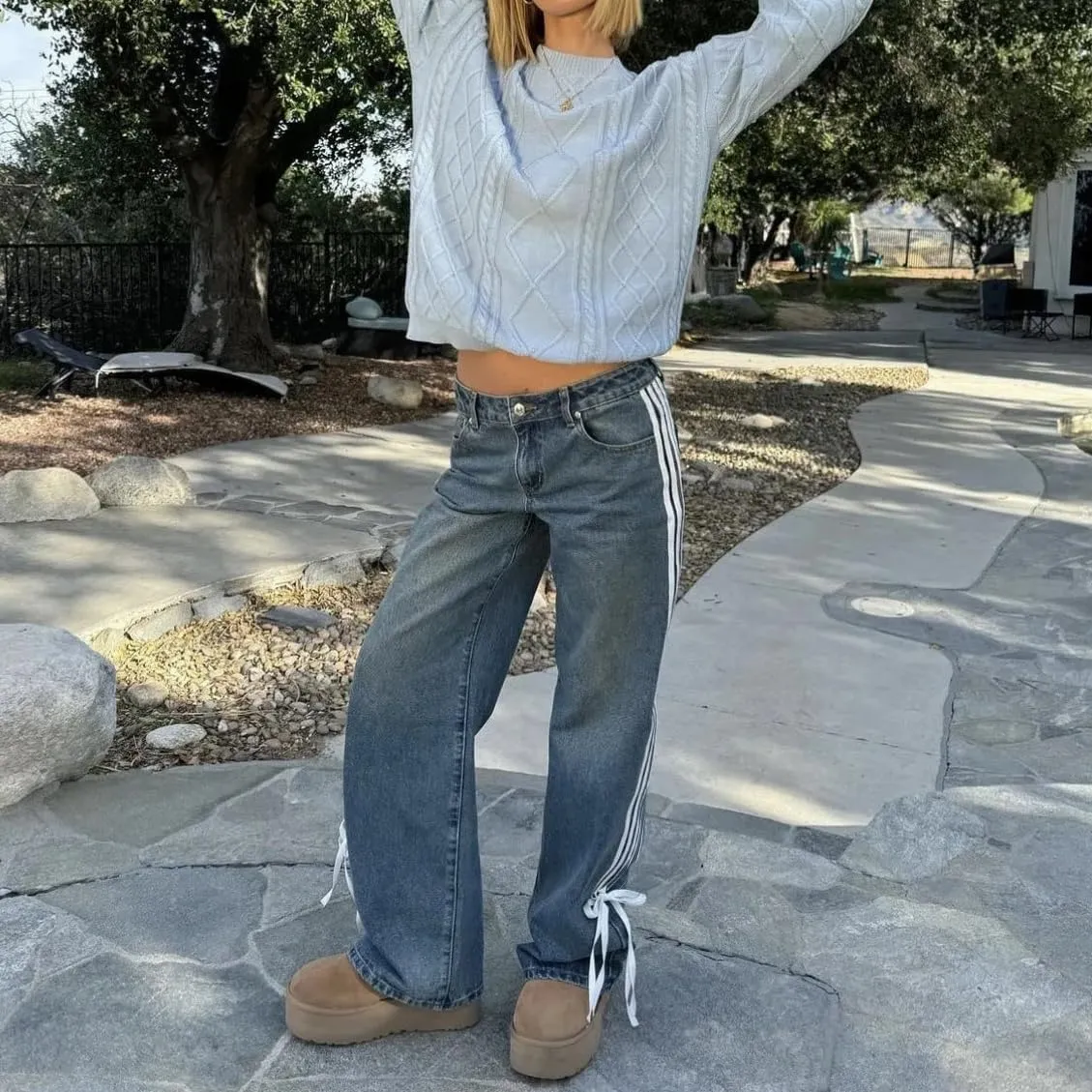 Boyfriend Jeans for Women Y2K Fashion Striped High Waist Wide Leg Denim Pants Casual Vintage Baggy Streetwear Jeans