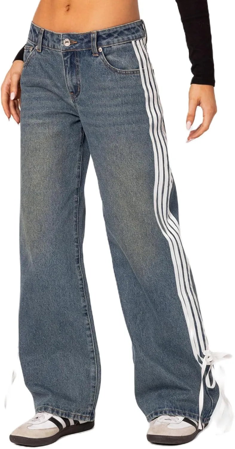 Boyfriend Jeans for Women Y2K Fashion Striped High Waist Wide Leg Denim Pants Casual Vintage Baggy Streetwear Jeans
