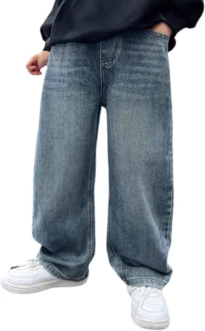 Boys Baggy Jeans for Kids Teen Casual Straight Wide Leg Cargo Jeans Y2K Loose Elastic Waist Denim Pants Trousers with Pockets