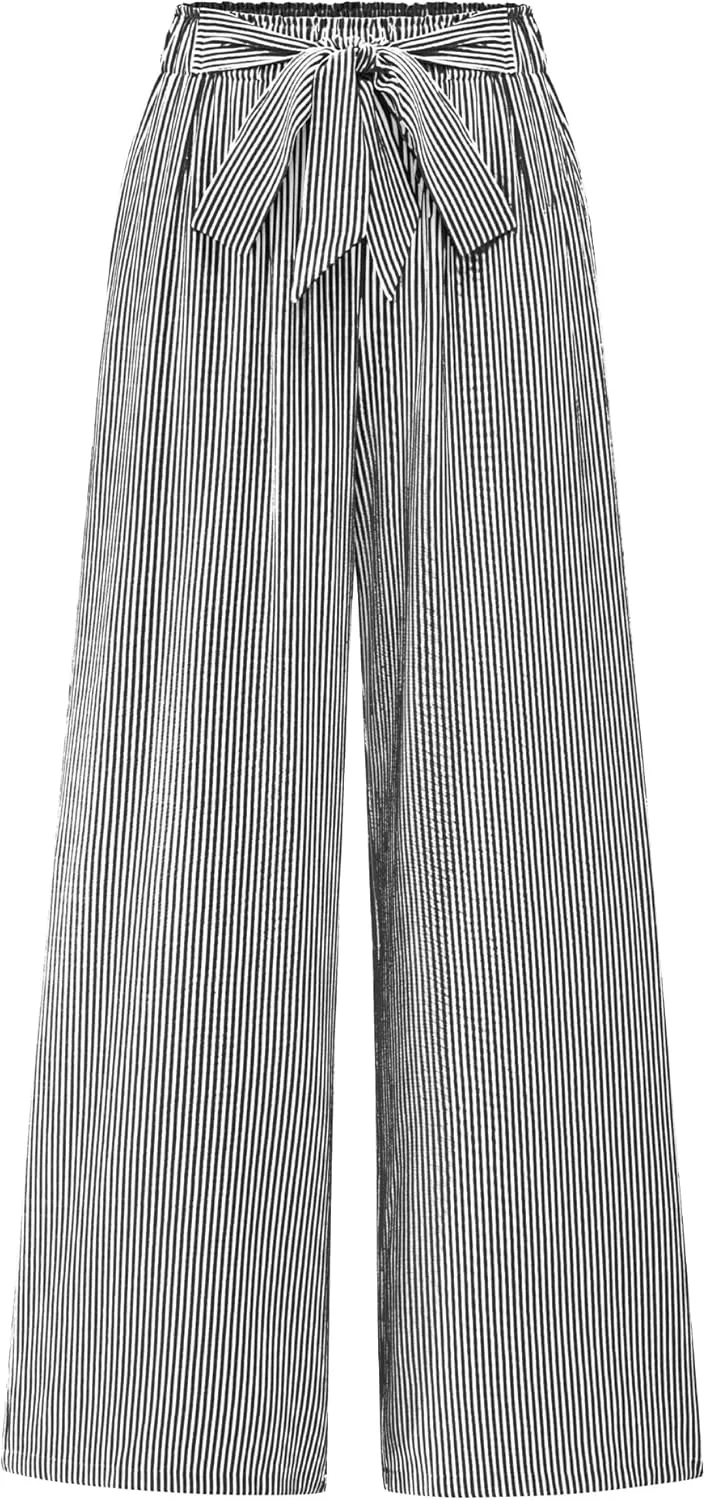 BTFBM Womens Striped Wide Leg Pants Dressy High Waist Trousers Business Casual Loose Flowy Tie Knot Palazzo Pants