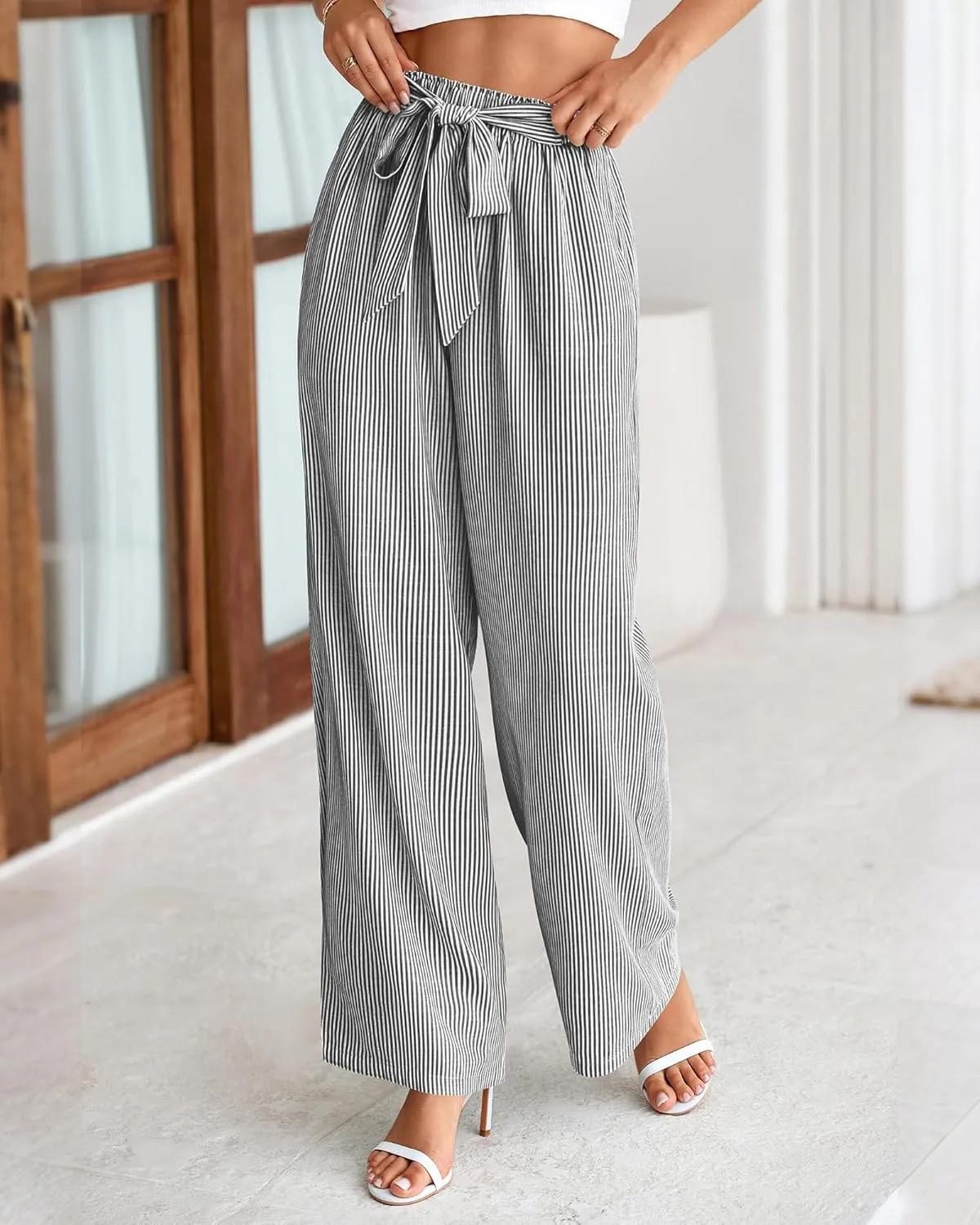 BTFBM Womens Striped Wide Leg Pants Dressy High Waist Trousers Business Casual Loose Flowy Tie Knot Palazzo Pants