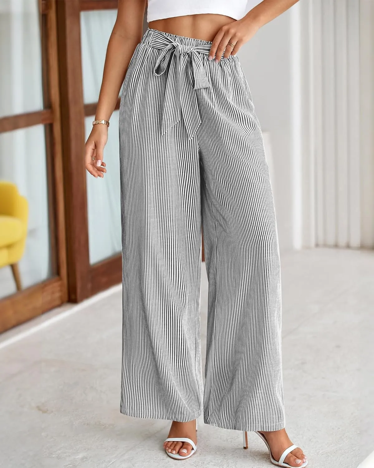 BTFBM Womens Striped Wide Leg Pants Dressy High Waist Trousers Business Casual Loose Flowy Tie Knot Palazzo Pants