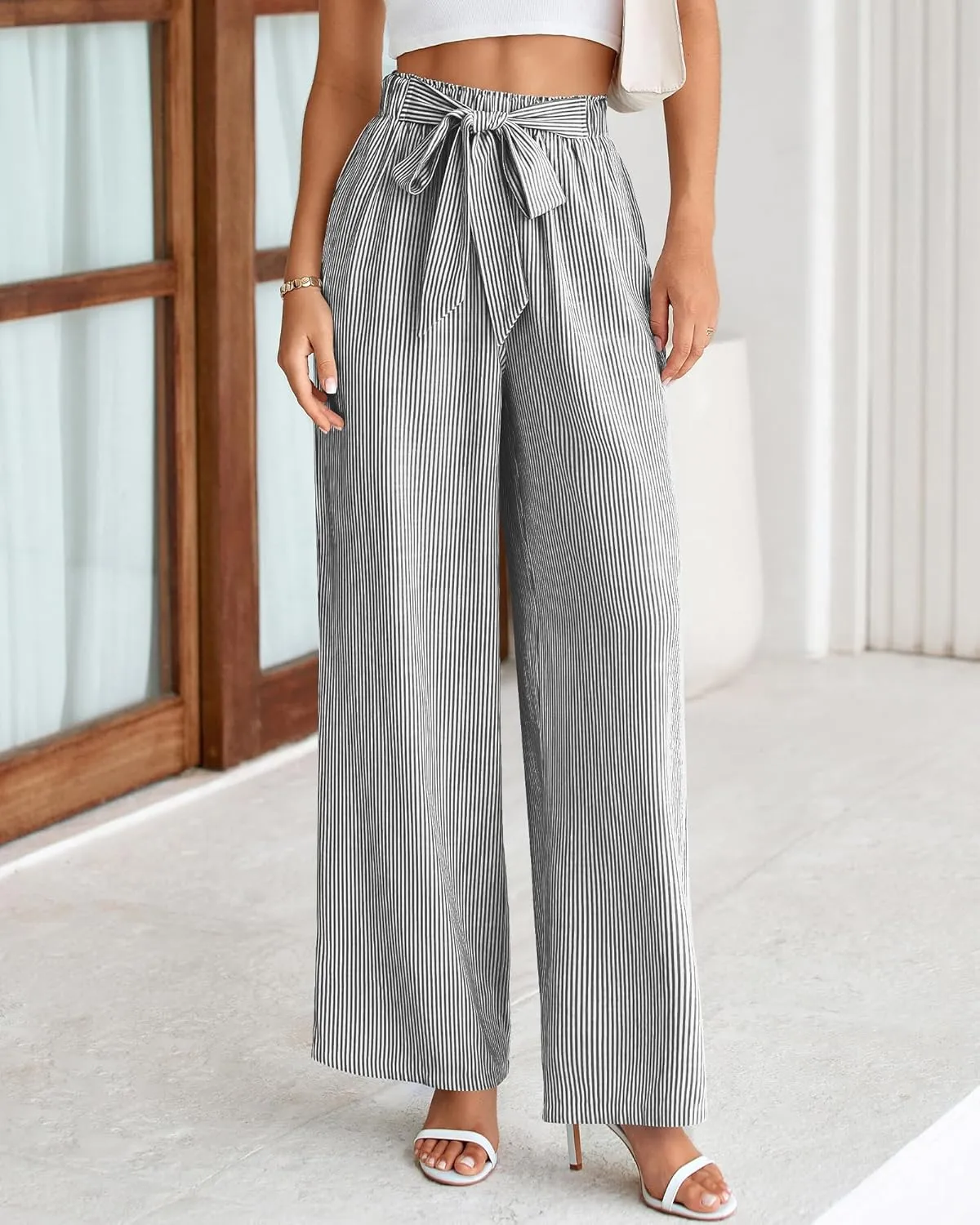 BTFBM Womens Striped Wide Leg Pants Dressy High Waist Trousers Business Casual Loose Flowy Tie Knot Palazzo Pants