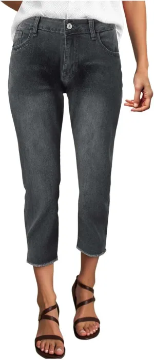 Capri Jeans for Women Stretch Leg High Waisted Distressed Denim Skinny Cropped Jean Streetwear
