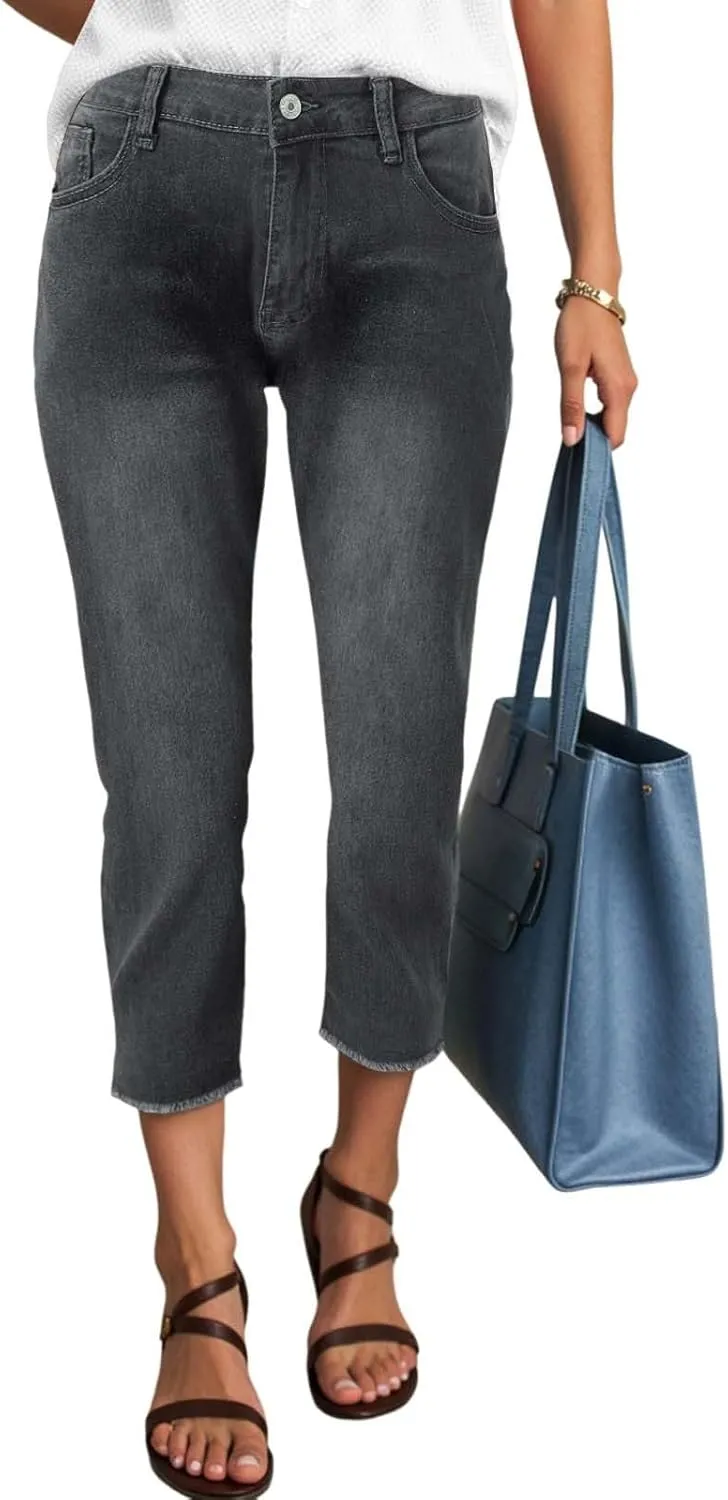 Capri Jeans for Women Stretch Leg High Waisted Distressed Denim Skinny Cropped Jean Streetwear